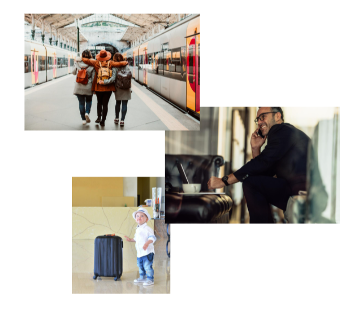 Photo collage of travelers of all types, from young adults to working professionals and even toddlers