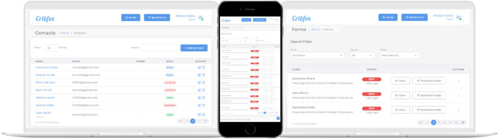 Graphic showing Cribfox in different screen sizes; account and forms pages